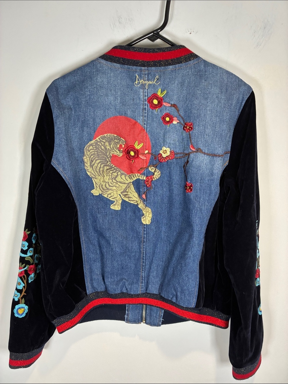 Desigual Embroidered Denim Velvet Bomber Jacket Tiger Birds EU 46 XL - Picture 9 of 16